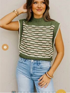 Sleeveless Olive Green Striped Knit Sweater Vest